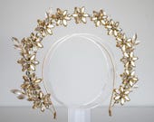 Champagne Gold Floral Halo Crown - Ethereal Bridal Flower Tiara - Rhinestone Botanical Headpiece -  Wedding Hair Accessory - By Panmilli — image 8