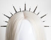 Black Crystal Sunburst Crown - Gothic Halo Headpiece, Celestial Bride Tiara, Dark Queen Spiked Headband, Alt Wedding Hair Piece PANMILLI — image 4
