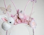 Floral Bunny Ear Headband, Pink Flower Crown, Fairy Cosplay — image 7