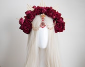 Small Crimson Rose Halo Headpiece: Rhinestone Metal Spikes & Chains, Gothic Glam — image 1