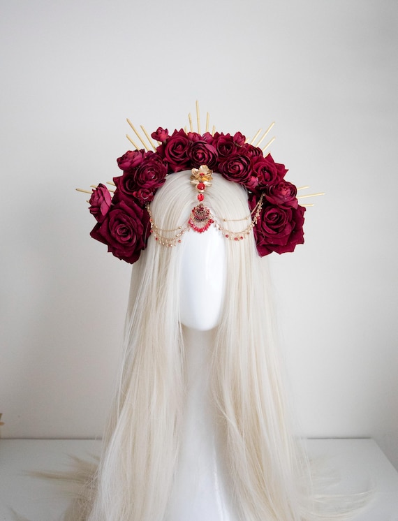Small Crimson Rose Halo Headpiece: Rhinestone Metal Spikes & Chains, Gothic Glam