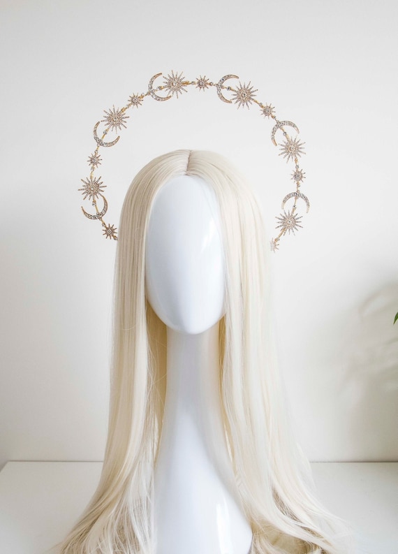 Gold Star and Moon Halo Headband: Bridal Celestial Crown