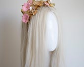 Gold Pink Flower Headband, Side Accent Floral Crown, Asymmetric Bridal Headpiece, Metallic Rose Tiara, Wedding Hair Accessory By Panmilli — image 8