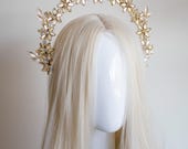 Champagne Gold Floral Halo Crown - Ethereal Bridal Flower Tiara - Rhinestone Botanical Headpiece -  Wedding Hair Accessory - By Panmilli — image 2