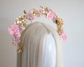 Light Pink Flower Gold Halo Crown: Bridal Headpiece — image 4