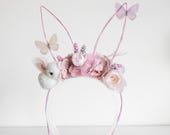 Floral Bunny Ear Headband, Pink Flower Crown, Fairy Cosplay — image 3