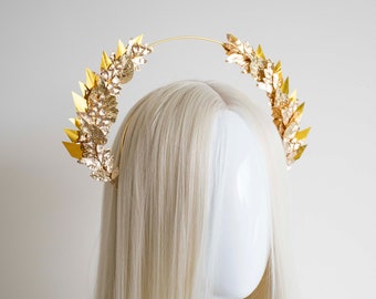 Small Roman Gold Leaf Headpiece - Panmilli | Festival Halo Crown | Baroque Style | Wedding crown | boho garden ceremony | goddess headband