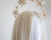 Gold Starburst Halo Crown, Celestial Crystal Headband, Star Bridal Tiara, Rhinestone Sunburst Headpiece, Festival Hair Accessories, Panmilli — image 4