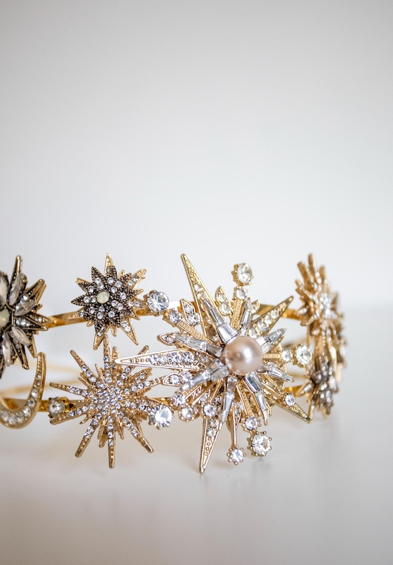 Celestial Starburst Crown Gold Bridal Tiara Rhinestone Headband Star Headpiece Constellation Wedding Hair Accessory by Panmilli