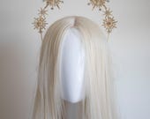 Gold Starburst Halo Crown, Celestial Crystal Headband, Star Bridal Tiara, Rhinestone Sunburst Headpiece, Festival Hair Accessories, Panmilli — image 1