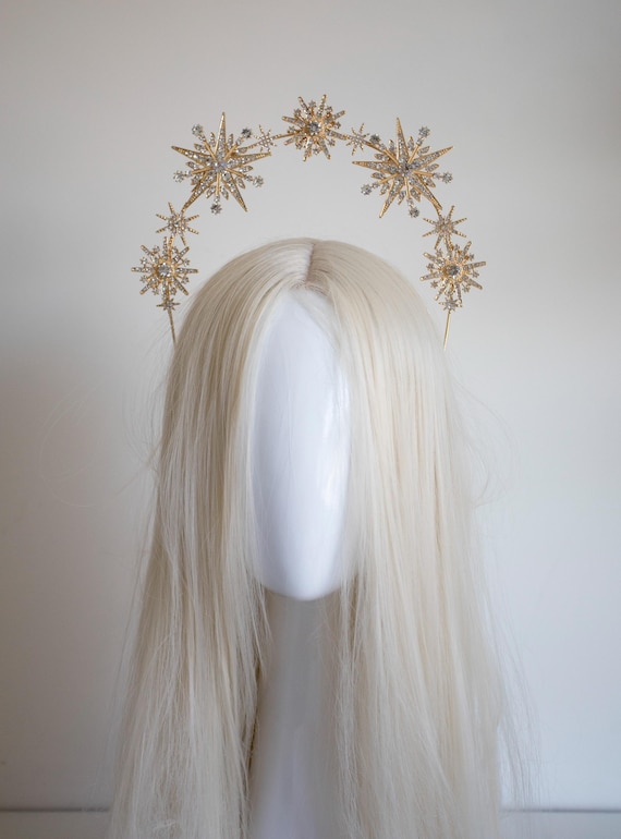 Gold Starburst Halo Crown, Celestial Crystal Headband, Star Bridal Tiara, Rhinestone Sunburst Headpiece, Festival Hair Accessories, Panmilli