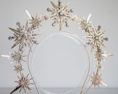 Gold Celestial Starburst Crown - Star Halo Headpiece Rhinestones - Sun Goddess Tiara - Starlit Bridal Hair Accessory - Handmade by Panmilli — image 4