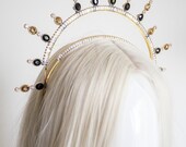 Celestial Halo Crown, Black and Gold Crystal Sunburst Headpiece, Avant-Garde Starburst Tiara, Gothic Wedding Crown, Festival Wear, Panmilli — image 7