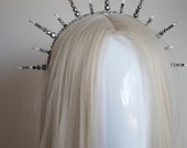 Black Crystal Sunburst Crown - Gothic Halo Headpiece, Celestial Bride Tiara, Dark Queen Spiked Headband, Alt Wedding Hair Piece PANMILLI — image 1