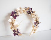 Floral Halo Crown, Purple Gold Flowers, Celestial Wedding Tiara, Baroque Bridal Headpiece — image 5