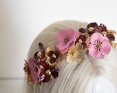 PANMILLI Flower Headband - Gold & Pink Enamel Floral Crown | Burgundy Beaded Hair Accessory for Wedding, Bridal or Party | Crystal Accent — image 1