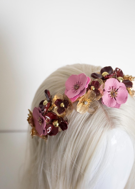 PANMILLI Flower Headband - Gold & Pink Enamel Floral Crown | Burgundy Beaded Hair Accessory for Wedding, Bridal or Party | Crystal Accent