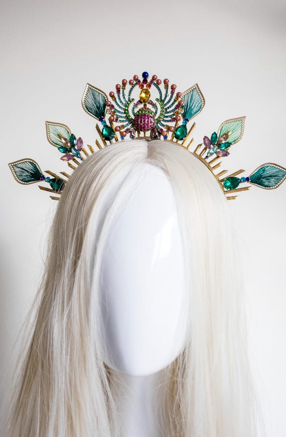 Handmade Crystal Scarab Beetle Tiara – Egyptian Revival Peacock Wedding Crown