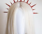 Red Rhinestone Spiked Halo Crown - Gold Sunburst Headpiece - Custom Colors Available - Goddess Queen Tiara - Handmade By Panmilli — image 1
