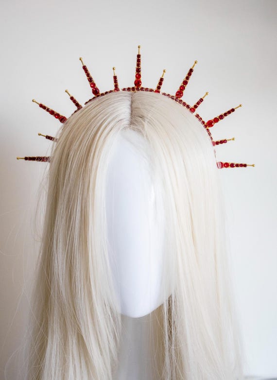 Red Rhinestone Spiked Halo Crown - Gold Sunburst Headpiece - Custom Colors Available - Goddess Queen Tiara - Handmade By Panmilli