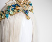 Egyptian Goddess Crown - Cleopatra Headpiece with Blue Rhinestones Handmade - Gold Phoenix Tiara for Festivals, Galas, Cosplay by Panmilli — image 8