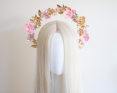 Light Pink Flower Gold Halo Crown: Bridal Headpiece — image 8