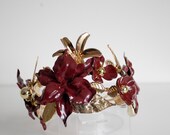 Burgundy and Gold Floral Crown by PANMILLI - Gothic Bridal Tiara, Fall Wedding Hair Accessory, Handmade Flower Headpiece, Boho Queen Crown — image 1