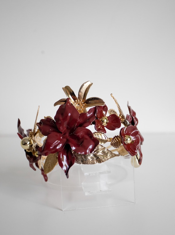 Burgundy and Gold Floral Crown by PANMILLI - Gothic Bridal Tiara, Fall Wedding Hair Accessory, Handmade Flower Headpiece, Boho Queen Crown