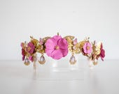 Butterfly and Flower Headband, Gold Filigree Crown, Magenta Pink Floral Headpiece, Dainty Crystal Drop Tiara, Whimsical Bridal Hair Panmilli — image 2