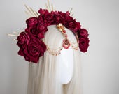 Small Crimson Rose Halo Headpiece: Rhinestone Metal Spikes & Chains, Gothic Glam — image 6
