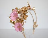 Gold Pink Flower Headband, Side Accent Floral Crown, Asymmetric Bridal Headpiece, Metallic Rose Tiara, Wedding Hair Accessory By Panmilli — image 3
