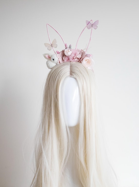 Floral Bunny Ear Headband, Pink Flower Crown, Fairy Cosplay