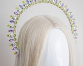 Cosmic candy Iridescent Crystal Halo Crown, Purple and Lime Green Goddess Headpiece, Mermaid Aura Tiara for Festivals & Prom by Panmilli — image 6