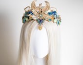 Egyptian Goddess Crown - Cleopatra Headpiece with Blue Rhinestones Handmade - Gold Phoenix Tiara for Festivals, Galas, Cosplay by Panmilli — image 1