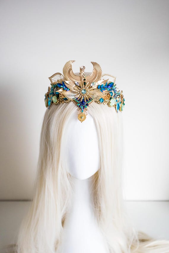 Egyptian Goddess Crown - Cleopatra Headpiece with Blue Rhinestones Handmade - Gold Phoenix Tiara for Festivals, Galas, Cosplay by Panmilli
