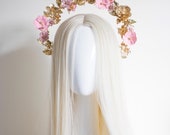 Light Pink Flower Gold Halo Crown: Bridal Headpiece — image 1