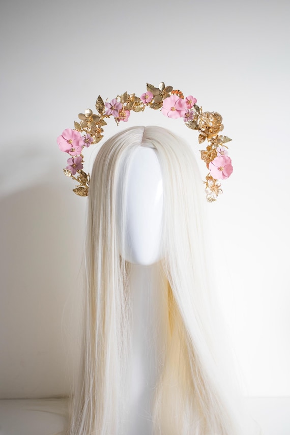 Light Pink Flower Gold Halo Crown: Bridal Headpiece