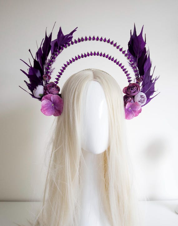 Purple Goddess Halo Crown: Floral Feather Headpiece