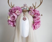 Enchanted Antler Flower Crown – Gold Horns & Rhinestone Headpiece by Panmilli | Holiday Headpiece | Gold Horn Crown | Festival costume — image 1