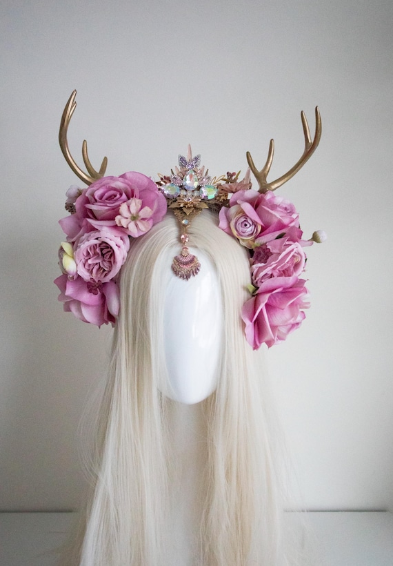 Enchanted Antler Flower Crown – Gold Horns & Rhinestone Headpiece by Panmilli | Holiday Headpiece | Gold Horn Crown | Festival costume