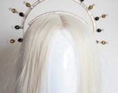 Celestial Halo Crown, Black and Gold Crystal Sunburst Headpiece, Avant-Garde Starburst Tiara, Gothic Wedding Crown, Festival Wear, Panmilli — image 4