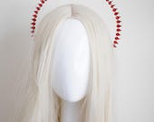 Red Teardrop Halo Crown - Red Rhinestone Halo Headband - Crystal Saint Headpiece for Gala & Editorial - Metal Hair Accessory - By Panmilli — image 1
