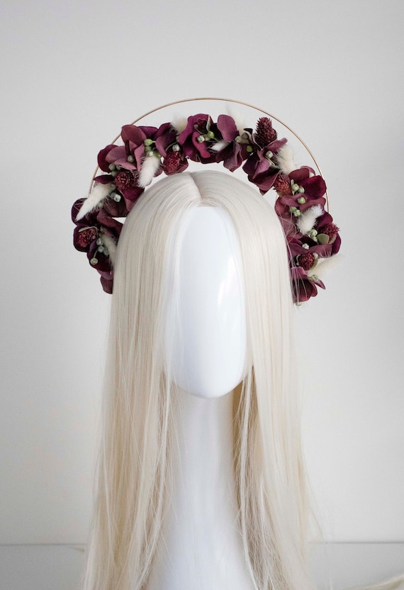 Burgundy Floral Halo Headpiece: Romantic Photoshoot Crown