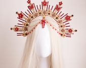 Red and Gold Sunburst Crown, Floral Goddess Headpiece with Forehead Jewelry, Celestial Queen Headdress for Cosplay & Festivals by Panmilli — image 5