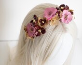 PANMILLI Flower Headband - Gold & Pink Enamel Floral Crown | Burgundy Beaded Hair Accessory for Wedding, Bridal or Party | Crystal Accent — image 6