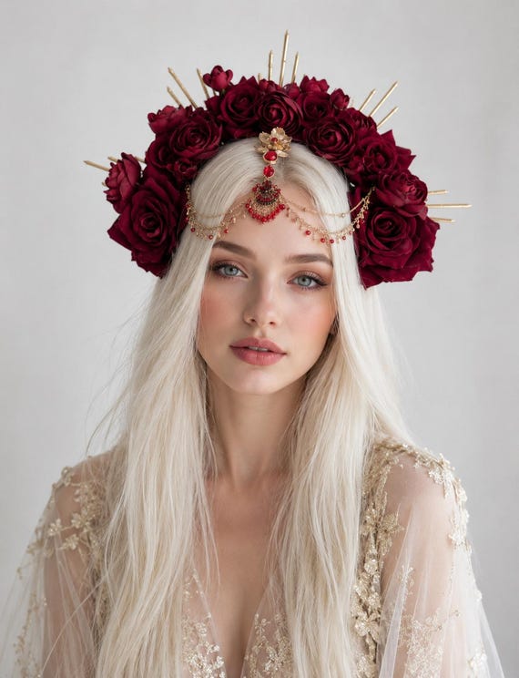 Small Crimson Rose Halo Headpiece: Rhinestone Metal Spikes & Chains, Gothic Glam