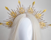 Gold Sunburst Halo Crown with Feathers, Rhinestones, Celestial Headpiece for Cosplay — image 8