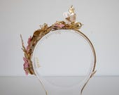 Gold Pink Flower Headband, Side Accent Floral Crown, Asymmetric Bridal Headpiece, Metallic Rose Tiara, Wedding Hair Accessory By Panmilli — image 7