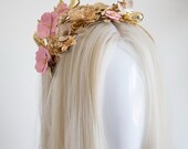Gold Pink Flower Headband, Side Accent Floral Crown, Asymmetric Bridal Headpiece, Metallic Rose Tiara, Wedding Hair Accessory By Panmilli — image 6