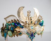 Egyptian Goddess Crown - Cleopatra Headpiece with Blue Rhinestones Handmade - Gold Phoenix Tiara for Festivals, Galas, Cosplay by Panmilli — image 7